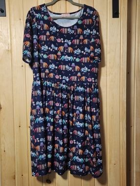 Popsy Navy Book-Print Short Sleeve Casual Dress with Colorful Accents